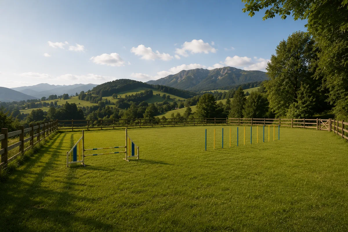 Eingezäunte Fläche: Trainingsplatz mit Agility-Ausstattung