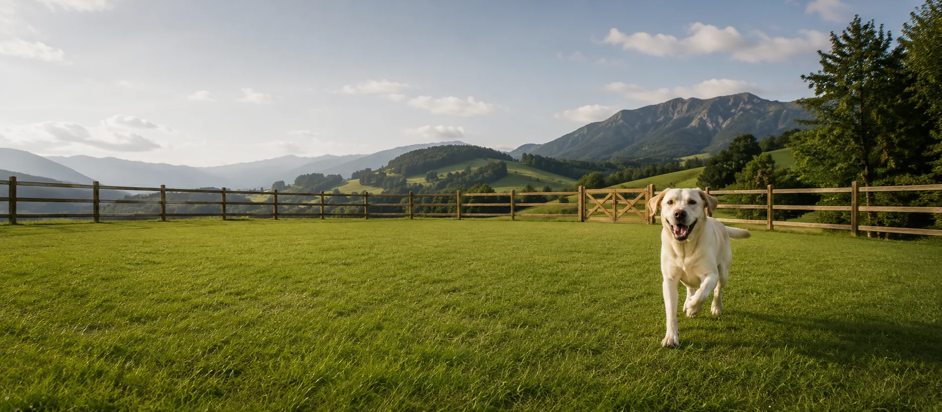 Glücklicher Hund läuft über eine vollständig eingezäunte Hundewiese in Schweizer Voralpenlandschaft